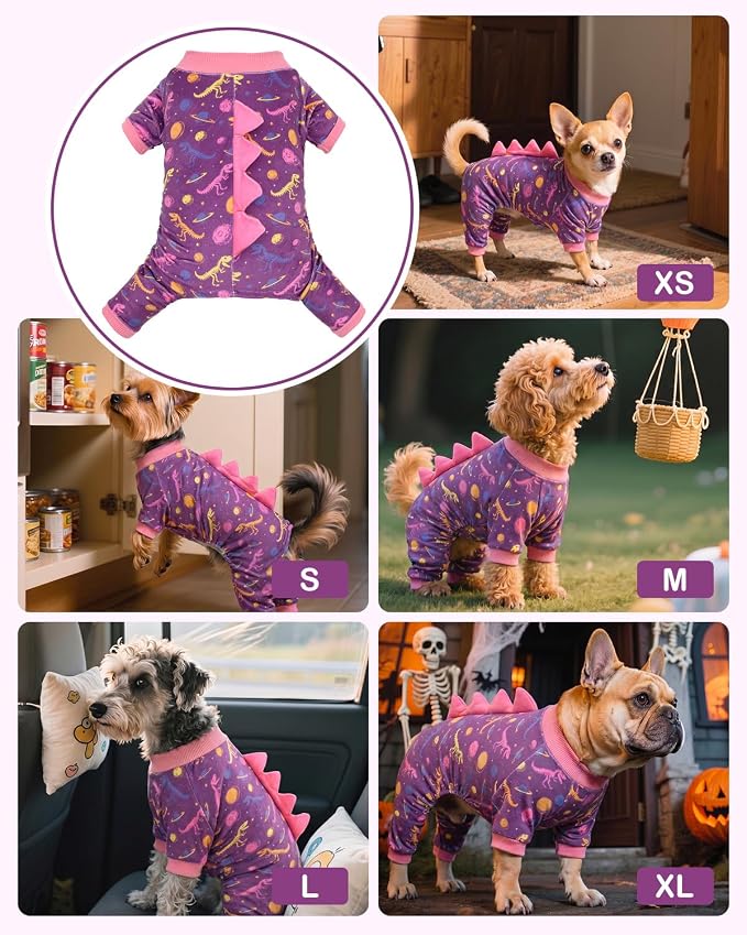 CuteBone Dinosaur Costume Dog Pajamas, Stretchy Spandex Crystal Velvet Sleepwear Coat for Small Dogs, Soft & Warm Pet Outfit Clothes for Cold Weather, Cozy Pullover Design COSP26L