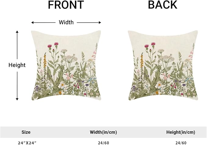 AEIOAE Sage Green Pillow Covers 24x24 Inch Set of 2, Spring Wildflower Plant Throw Pillows Case,Seasonal Floral Outdoor Decorative Flowers Farmhouse Decor Cushion Covers for Home Sofa Bed Couch