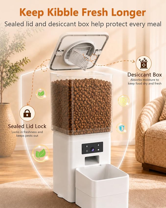 Automatic Dog Feeder Large Breed: 15L/63 Cup Capacity for Kibble up to 22mm | Anti-Clog Slow Feeder with Elevated Stand, Featuring HD Camera with WiFi and Easy App Scheduling by Yakry