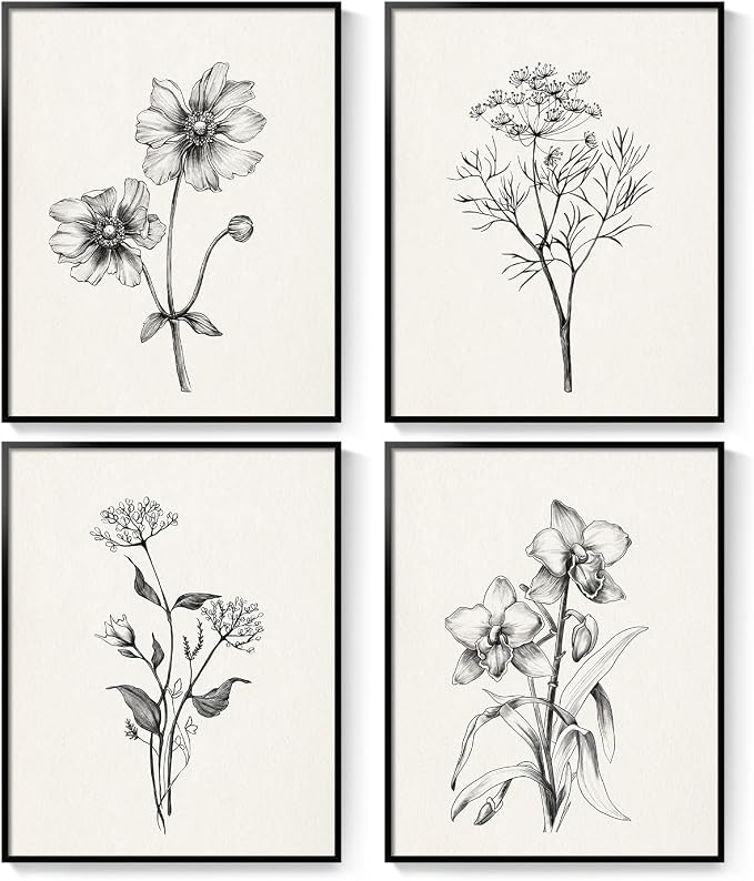Framed Black and White Floral Wall Art for Living Room, 4 Piece Vintage Botanical Canvas Painting Prints Artwork for Walls, Rustic Minimalist Flower Pictures for Bedroom Hallway Kitchen Wall Decor
