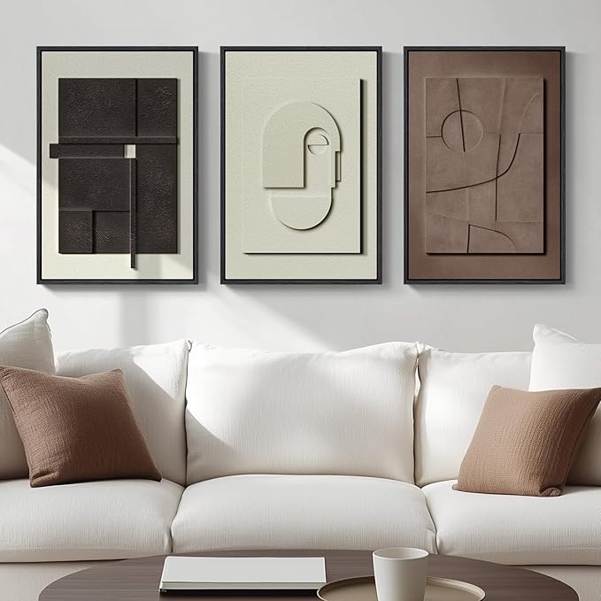 3D Textured Framed Abstract Wall Art, 3 Piece Modern Paintings Artwork for Walls, Black White Brown Geometric Sandstone Texture Pictures for Living Room Dining Room Bedroom Office Wall Decor 16x24 In | Texture Paintings, Minimalist Neutral Black White ...