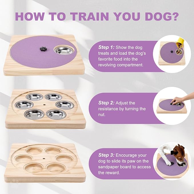 Dog Nail Scratch Board with Treat Board, Stress-Free Nail Care for Dog | Wood Scratching Pad with Sandpaper and 6 Steel Bowls, Nail File Toy for Dog