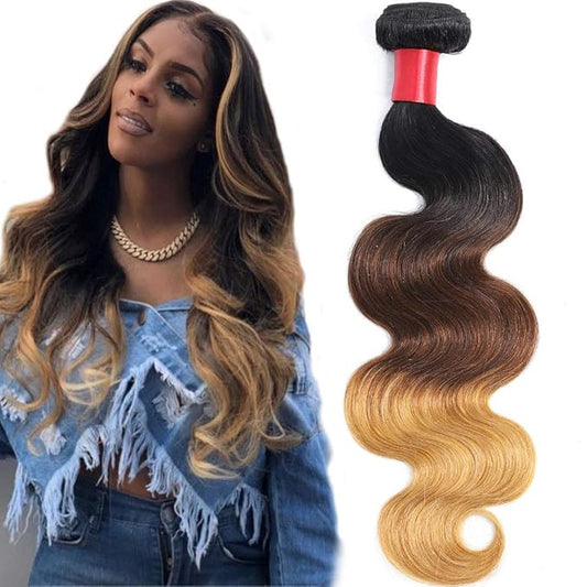 Ombre Human Hair Bundles 1b/4/27 Brazilian Three Tone Ombre Body Wave Human Hair One Bundle 12inch 100% Unprocessed Virgin Hair Bundles Weaves Extensions for Women