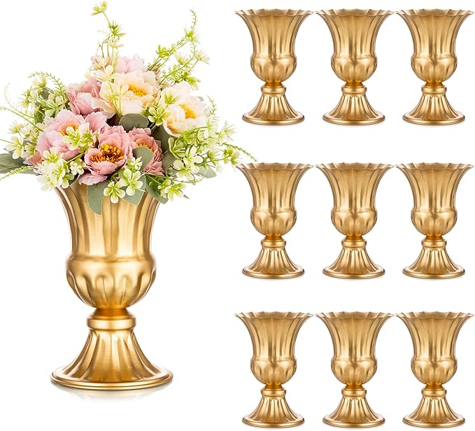 Sziqiqi Gold Metal Vase for Centerpiece, Table Flower Arrangements, 10Pcs | 9in Tall Compote Vase, Trumpet Urn Vase for Decoration, Planter Pot for Artificial Flower, For Reception, Home, Party Decor