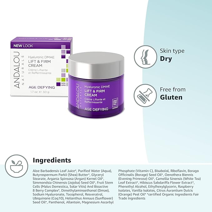 Andalou Naturals Hyaluronic DMAE Lift & Firm Skin Cream | Anti Aging Face Moisturizer With Hyaluronic Acid |Helps Reduce Fine Lines & Wrinkles | 1.7 oz,(Pack of 2)