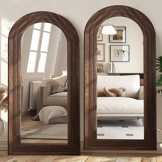 ZHUNFA Arched Full Length Mirror with Solid Wood Frame | 71x32 Farmhouse Wall Mounted Floor Mirror with Stand, Vertical Hanging, Leaning Standing for Bedroom, Living Room, Brown