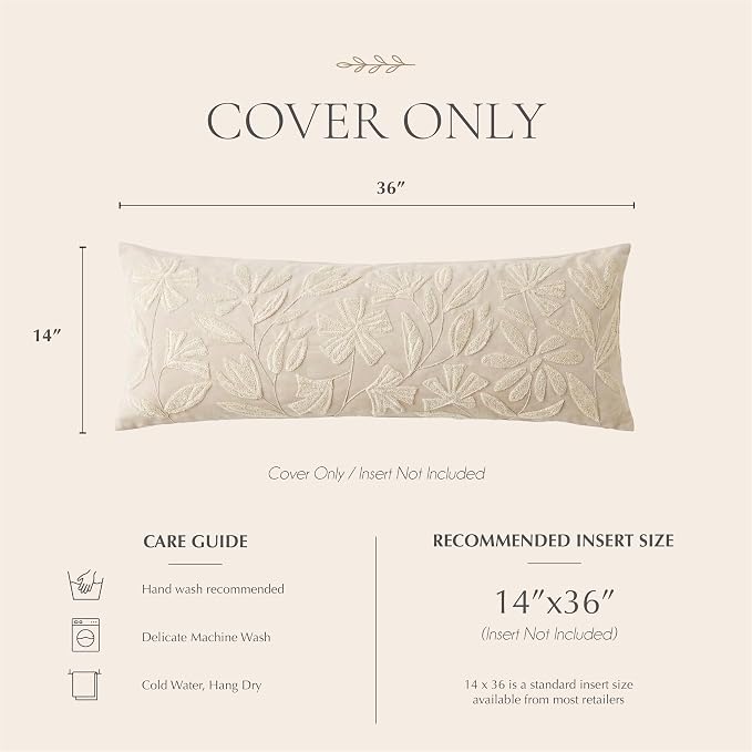 14x36 Lumbar Pillow Cover for Bed, Rectangular Decorative Long Throw Pillowcase, Embroidered Farmhouse Accent Cushion, Beige Neutral Floral Tufted (Cover Only)