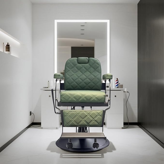 Barber Chair for Hair Stylist, Heavy Duty Salon Chair Supports up to 550lbs, Black Barber Chair Reclining, 360 Degree Swivel for Professional Salon (Green)