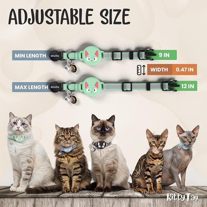 Cat Collar with Airtag Holder, Breakaway Air Tag Collar for Apple airTag, Reflective & Luminous Design, Waterproof GPS Tracker for Cats and Kittens, Includes Bell, Green Mint (9-12")