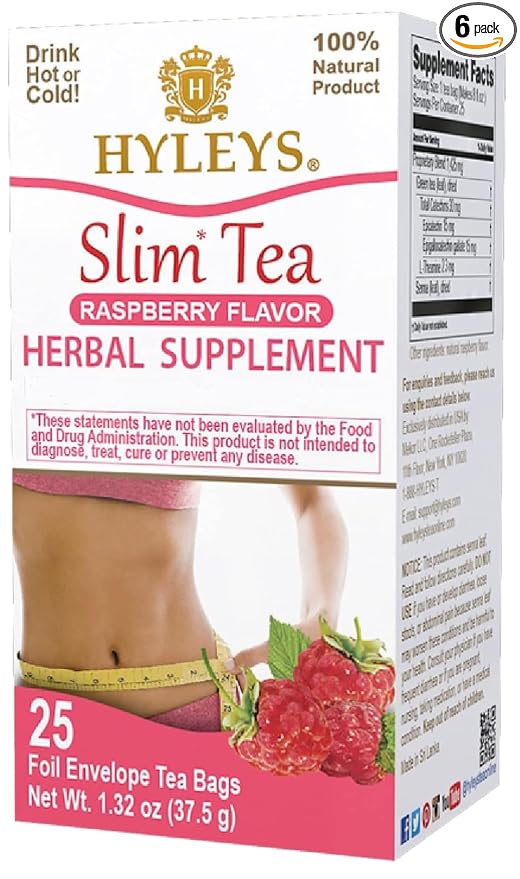Hyleys Slim Tea Raspberry Flavor - Weight Loss Herbal Supplement Cleanse and Detox - 25 Tea Bags (6 Pack)