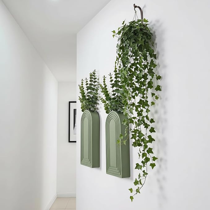 Dnnnii 2 Pack Wooden Wall Vase Set - Green Finish Modern Farmhouse & Boho Wall Decor for Entryway, Hallway, Bathroom, Living Room, Dining Room, Narrow Spaces