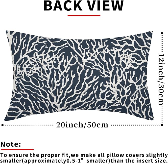 Nautical Coastal Coral Lumbar Pillow Covers 12x20 Inch Set of 2 Summer Ocean Beach Navy Blue Decorative Pillow Cases Outdoor Linen Cushion Cover Farmhouse Decor for Bedroom Home Sofa Couch Bed