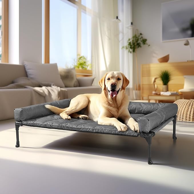 Veehoo Outdoor Elevated Dog Bed with Waterproof Bolster Cushion, Cooling | Raised Dog Bed with Removable & Washable Mat Topper, Breathable Mesh, Dog Couch Cot for Indoor Outdoor, 42", Large, Melange