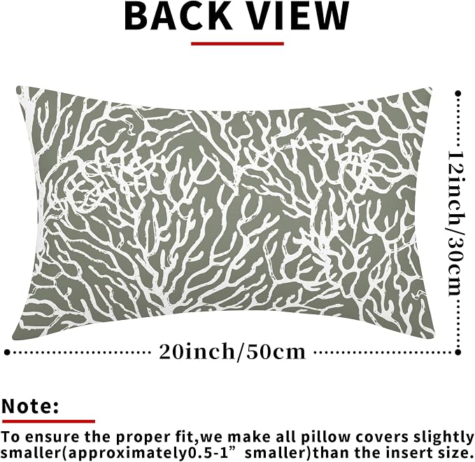 Nautical Coastal Coral Lumbar Pillow Covers 12x20 Inch Set of 2 Summer Ocean Beach Sage Green Decorative Pillow Cases Outdoor Linen Cushion Cover Farmhouse Decor for Bedroom Home Sofa Couch Bed