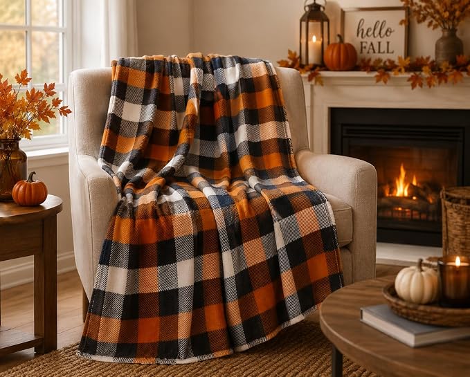 Fall Soft Fleece Throw Blanket, Orange Black White Plaid, 50x70 Oversized | Warm Cozy Fabric , Farmhouse Harvest Colors, For Living Room Sofa Couch Bed Chair Dorm Outdoors, Seasonal Gift or Home Décor