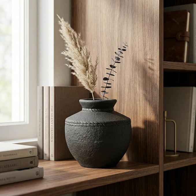 Black Ceramic Vase - 6 Inch Small Rustic Farmhouse Flower Vases for Home Decor Decorative Minimalist Vase for Centerpiece Coffee Table Bedroom Living Room Decor