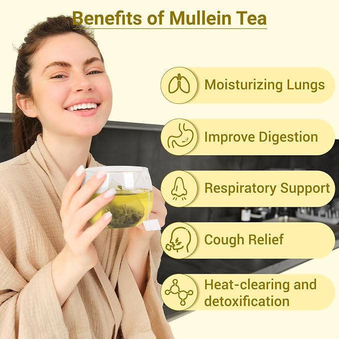 Mullein Tea Bags for Lungs, 100% Pure Mullein Leaf Tea for Lungs Cleanse and Respiratory Support, Caffeine Free, No Additives, Non-GMO (1 Pack/50 Bags)