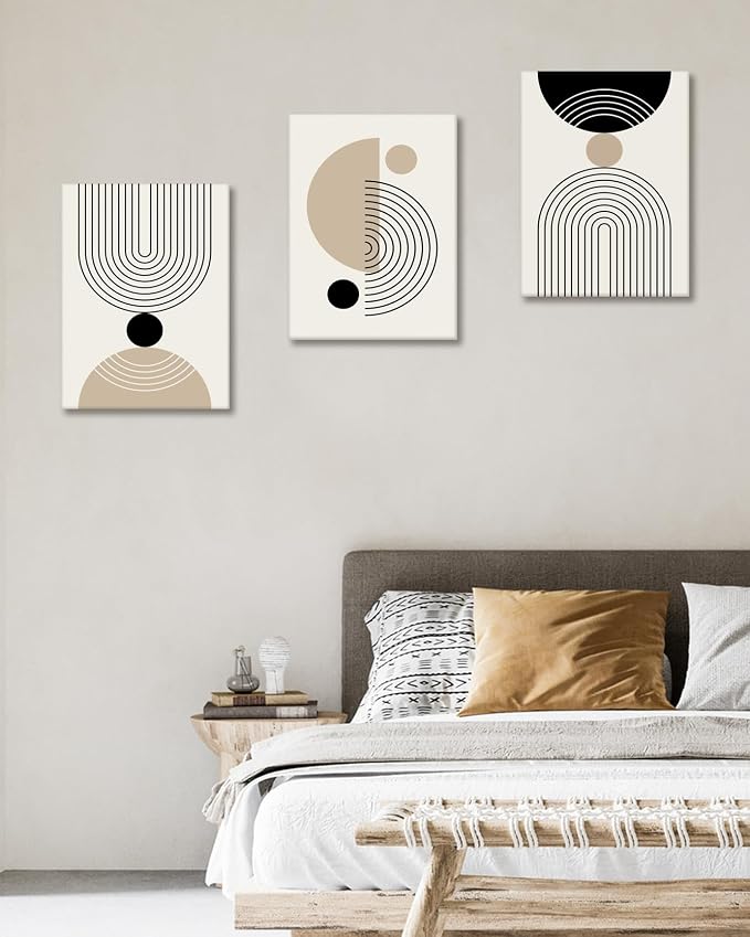 HesenDot Abstract Geometric Wall Art Set of 3, 40x60CM Minimalist Line Framed Canvas Prints, Boho Modern Beige Black Shapes Wall Decor for Living Room Bedroom Bathroom Office Home