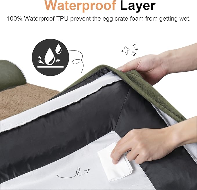 Orthopedic Dog Bed for Small Dogs, 24 x 16 Inch, Dark Green | Egg crate foam for joint support, 3-sided bolster pet sofa, waterproof lining, washable cover, and non-skid base