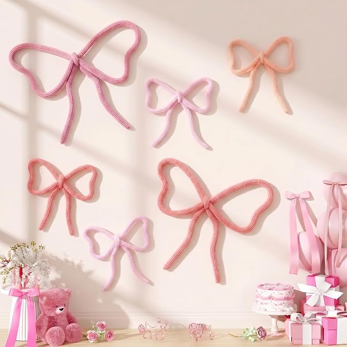 Barydat 6 Pcs Pink Bow Wall Decor Coquette Bow Nursery Decoration Room Decor Woven Macrame Wall Hanging 2 Size Boho Pink Preppy Decoration for Nursery Dorm Girls Room Art