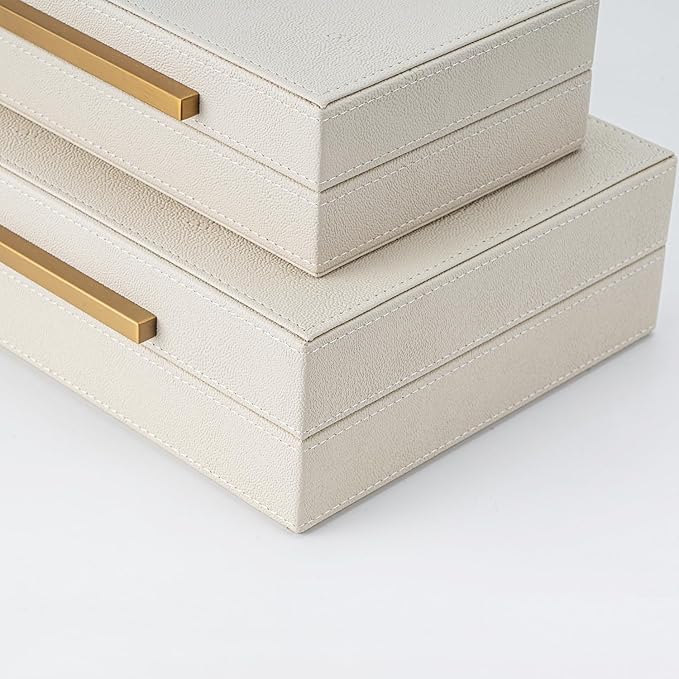 XIGEXIGE Faux Leather Large Modern Stackable Nesting Jewelry Box with Lids Organizer – Set of 2 Beige Shagreen Decorative Storage Boxes with Gold Metal Handles