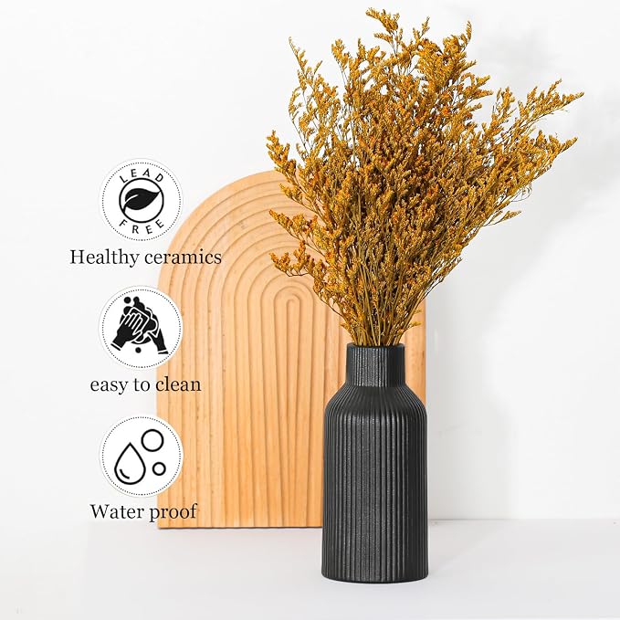 Bohemian Black Ceramic Vase - for Pampas Grass, Mantel, Bookshelf, Entryway and Living Room Decor (Black, Set of 3)
