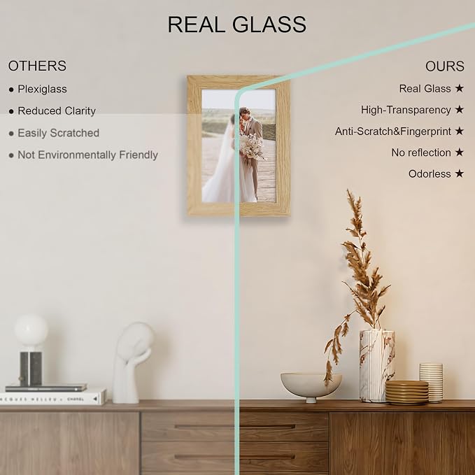 Hongkee 5.5 x 8.5 Diploma Frame Set of 4, Made of Real Glass and Natural Oak Frame, 5.5 by 8.5 Photo for Wall or Tabletop