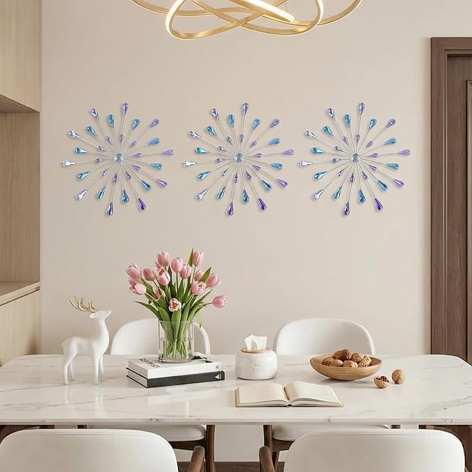 ZEXUIRU 3 Set Silver Starburst Wall Art for Home Decor Metal Bling Crystal Rhinestones Sunburst Wall Decor Sparkling Rhinestone Art Accent Silver - 13in