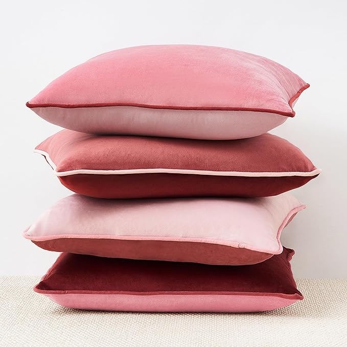 MONDAY MOOSE Decorative Throw Pillow Covers Cushion Cases, Set of 4 Soft Velvet Modern Double-Sided Designs, Mix and Match, Pillow Inserts Not Included (16x16 inch, Pink/Dark Pink)