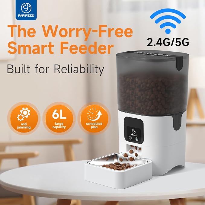 PAPIFEED Automatic Cat Feeder with App, 5G WiFi Cat Food Dispenser, 6L Timed Cat Feeder for Dry Food, 10 Meals/Day, 12 Portions/Meal, Dual Power Supply Smart Pet Feeder for Small Dog, White