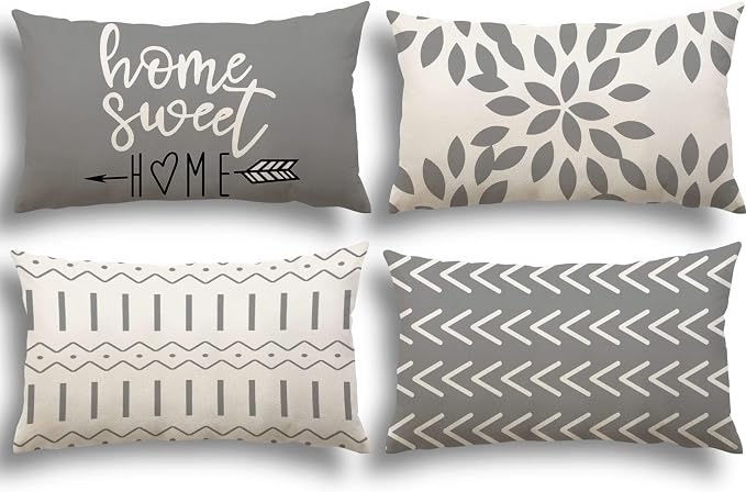 YCOLL Lumbar Pillow Covers 12x20 Set of 4, Modern Sofa Throw Pillow Cover, Decorative Outdoor Linen Fabric Pillow Case for Couch Bed Car，Gray