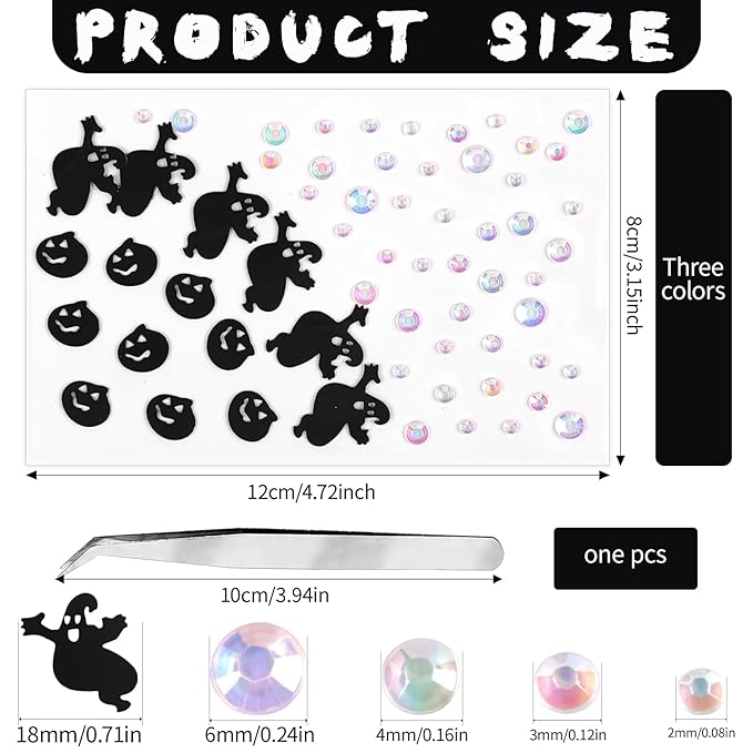Halloween Black Face Stickers Gems for Makeup, 3 Sheets Spooky Spider Witch Bat Face Glitter Rhinestone jewels, Self Adhesive Face Eye Nail Body Gems Stick on for Boo Rave Festival Accessories