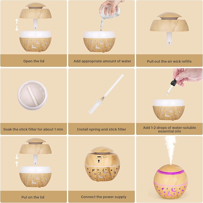 200ml Essential Oil Diffuser, Small Humidifier for Bedroom with USB Charging, LED Lights, 2 Filter Sticks, Portable Wood Grain Quiet Aromatherapy Mist Diffusers, Gift for Girls