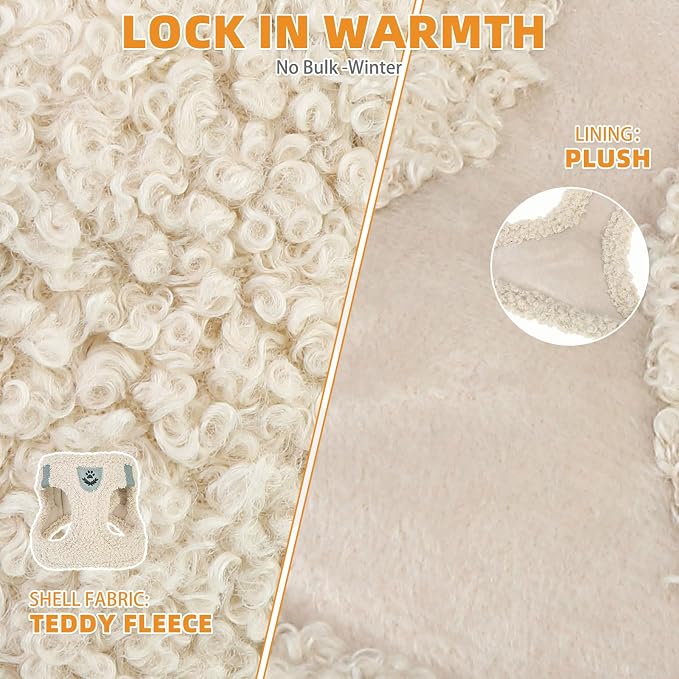 KOOLTAIL Plush Small Dog Harness and Leash Set, Warm Fleece No Pull Puppy Vest for Winter, Lightweight Reflective Step in Pet Harness for Medium Sized Dogs Boy Girl Outdoor Walking Cute Soft, Beige S