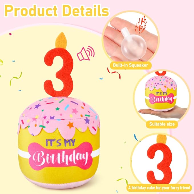 Dansydaisy Dog Birthday Cake Toy Squeaky Plush Gift,3rd,Pink and Yellow
