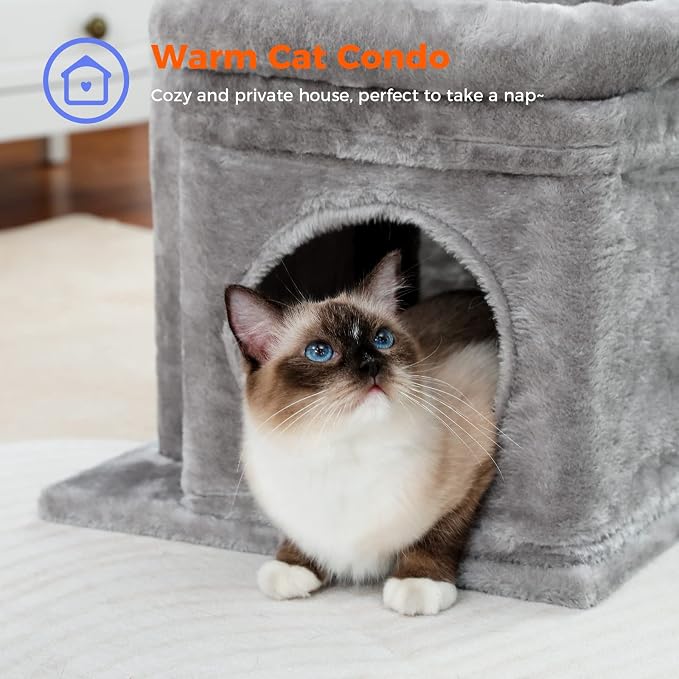 PEQULTI Indoor Cat Tree Tower Small Cats, Sisal Post & Cozy Condo, Grey | Private soft cat condo, soft top perch, natural sisal scratch posts, plush pom-pom toy for indoor kitties