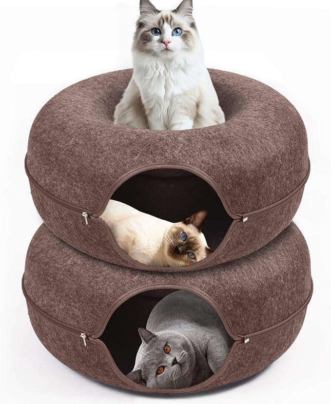 Cat Caves for Indoor Cats, Large Cat Tunnel for Multiple & Large Cats, Scratch Detachable Cave Bed, Kitten Donut Kitty Hideaway Up to 45 Lbs (Brown, Large, 2 Pack)