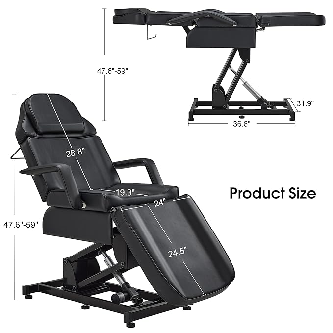 BarberPub Fully Electric Facial Bed with 3 Motor for Esthetician, Electric Tattoo Chair for Client, Facial Bed for Esthetician, Electric Adjustment 2751 (Black, Height (Flat): 25.2"–37")