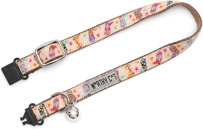 THE WORTHY DOG Icons Pattern, Breakaway Cat Collar, with Bell, Tan