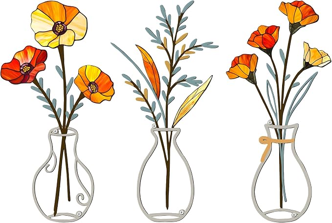 3 Pcs Metal Flowers Wall Arts,Yellow Metal Vase Wall Art,Iron Art Painting,Rustic Farmhouse Decor Minimalist Flower Decor for Bedroom Bathroom Living Room Dining Room(Yellow, Vase-C)