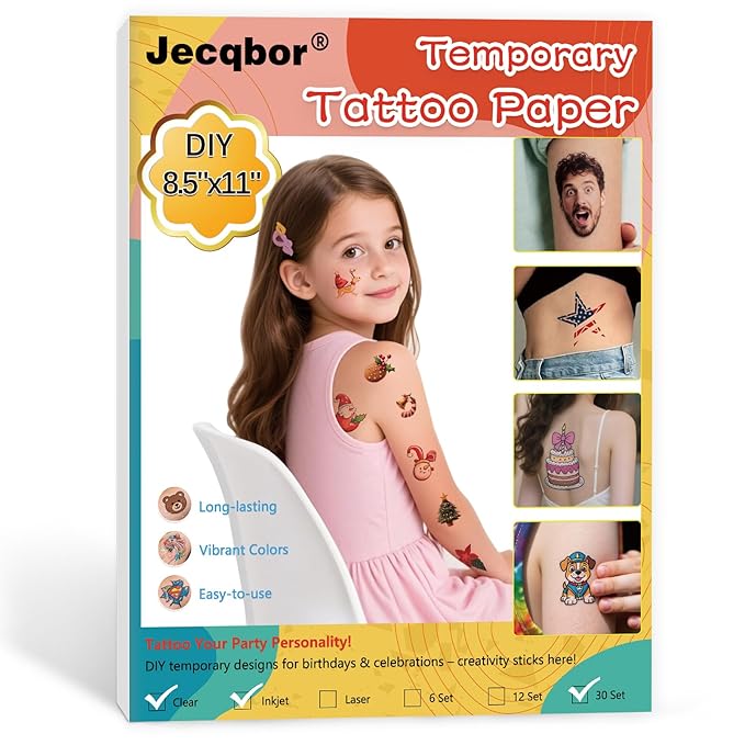 Printable Temporary Tattoo Paper for INKJET Printer, 30-Sets Custom Tattoo Printer Sticker 8.5X11", DIY Personal Clear Transfer Paper for Kids, Family, Christmas, Birthdays, Parties, Festivals