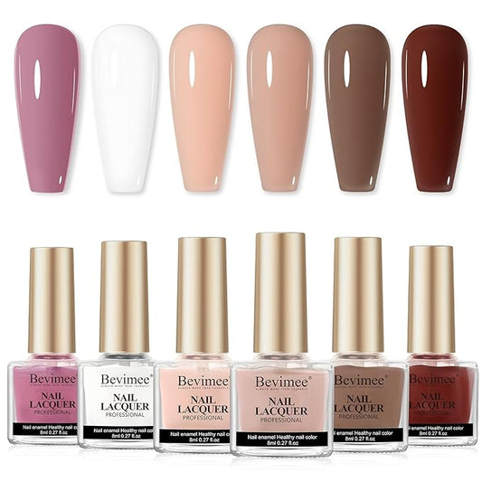 Vegan Nail Polish Set: Air Quick Dry Nail Lacquer Milky White, Nude, Brown 6 Regular Colors Nail Art Polish Non Gel Fast Drying Fingernail Polish Bulk DIY Salon Gift for Women