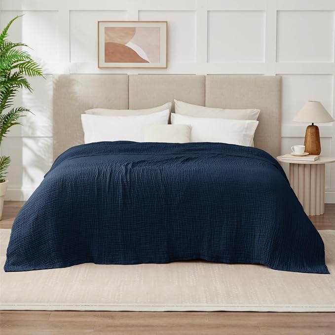 100% Cotton Muslin Blanket King 108" x 90", 6 Layers Breathable and Lightweight Cotton Throw Blanket for Bed, Soft Quilt Bedspread Coverlet, Gauze Blanket for Adults All Season, Navy