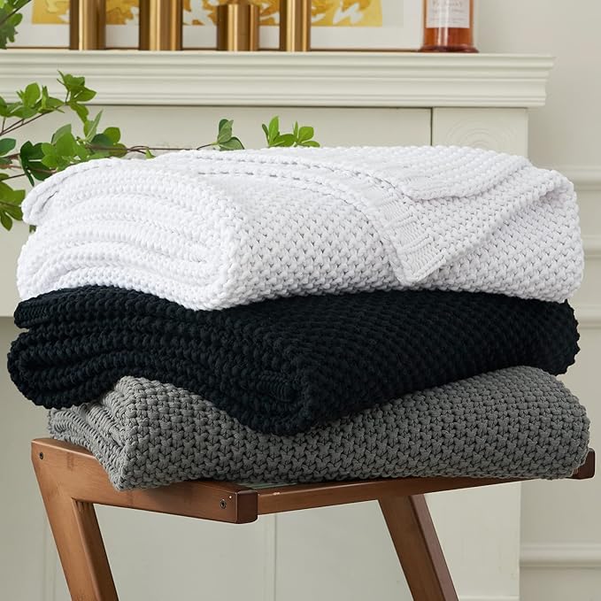 Chunky Cable Knit Throw Blanket Lightweight Grey 100% Organic Cotton Blanket for Sofa Couch Bed Baby Nursery, Rustic Shabby Chic Modern Farmhouse, Gray 51” x 63” Give Laundering Bag