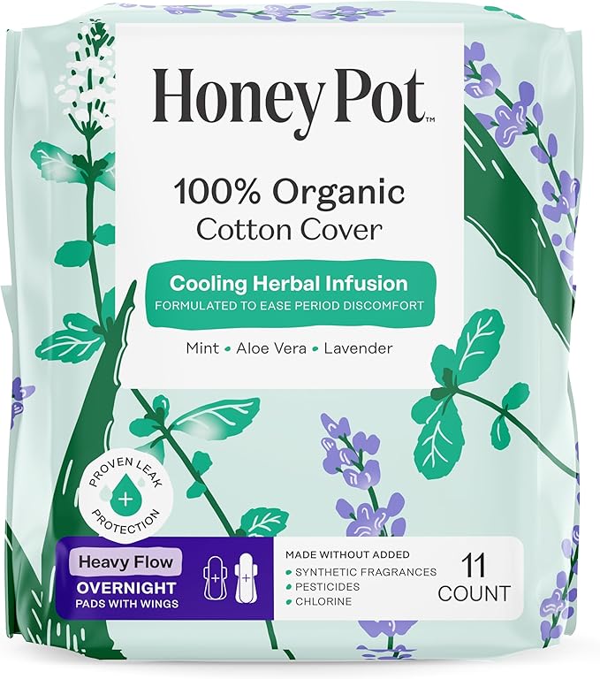 The Honey Pot Company - Herbal Sanitary Pads for Women - Heavy Flow Overnight w/Wings - Infused w/Essential Oils for Cooling Effect & Organic Cotton Cover - Feminine Care - 11 ct