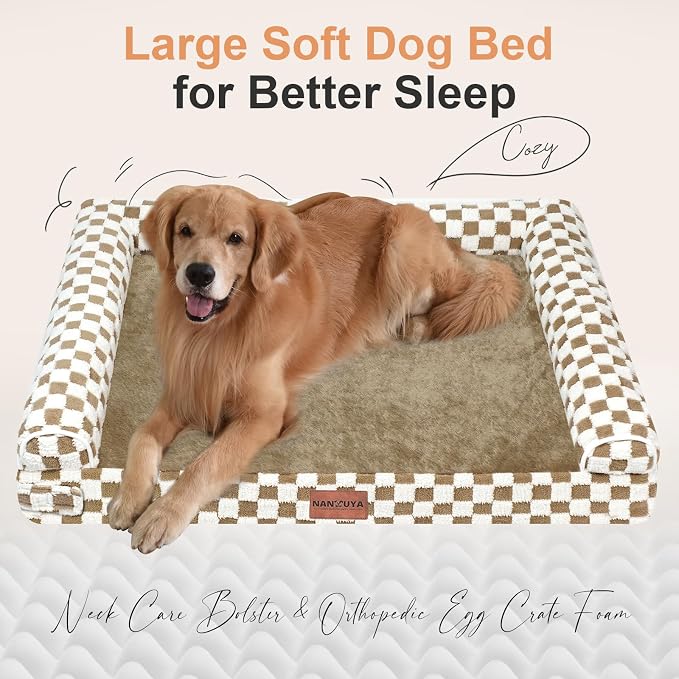 Orthopedic Dog Bed for X-Large Dogs, 40 x 32 Inch, Brown Grid | Egg crate foam for joint support, 3-sided bolster pet sofa, waterproof lining, washable cover, and non-skid base