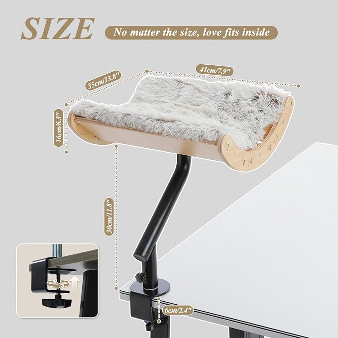PEQULTI Desk Cat Bed, 360° Rotating Clamp-On Cat Hammock, Wood, Beige | Clamps to desk edge (2.4", no drilling); holds 50 lbs; 360° rotating perch, 11.8" high; removable washable cushion