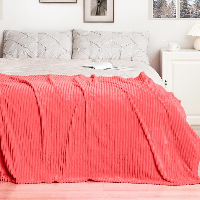 Vessia Flannel Fleece Throw Blanket for Couch,Sofa,Bed, 300GSM Striped Red Blanket for Adults and Kids, Super Soft Warm Cozy Lightweight Ribbed Throw for All-Season