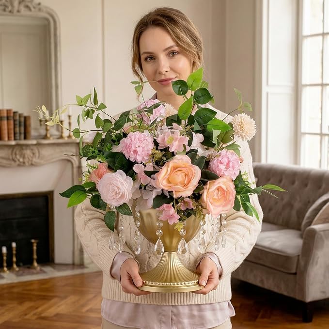 Sziqiqi Gold Urn Vase for Wedding with Crystal Beads, Compote Vase, 10Pcs | 8.6in Tall Metal Large Flower Arrangements, Pedestal Footed Bowl Planter, For Wedding, Party, Event, Birthday, Home Decor