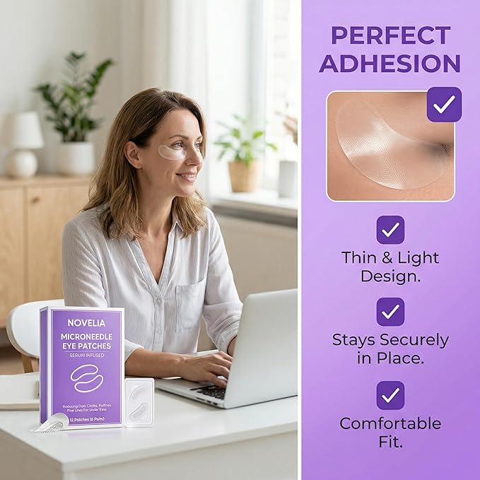 Novelia Micro Eye Patches, Microglow Undereye Patches, Hyaluronic Acid Serum Infused Eye Masks, Reduce Puffy and Dark Circles, Firming Smile Line, Hydrating & Smoothing Skin (6Pairs) (1 Box)